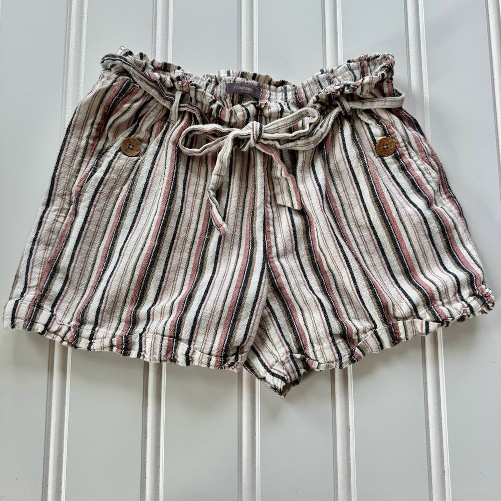 Maurices Cotton Linen Blend Striped Paperbag Shorts w/ Drawstring Waist